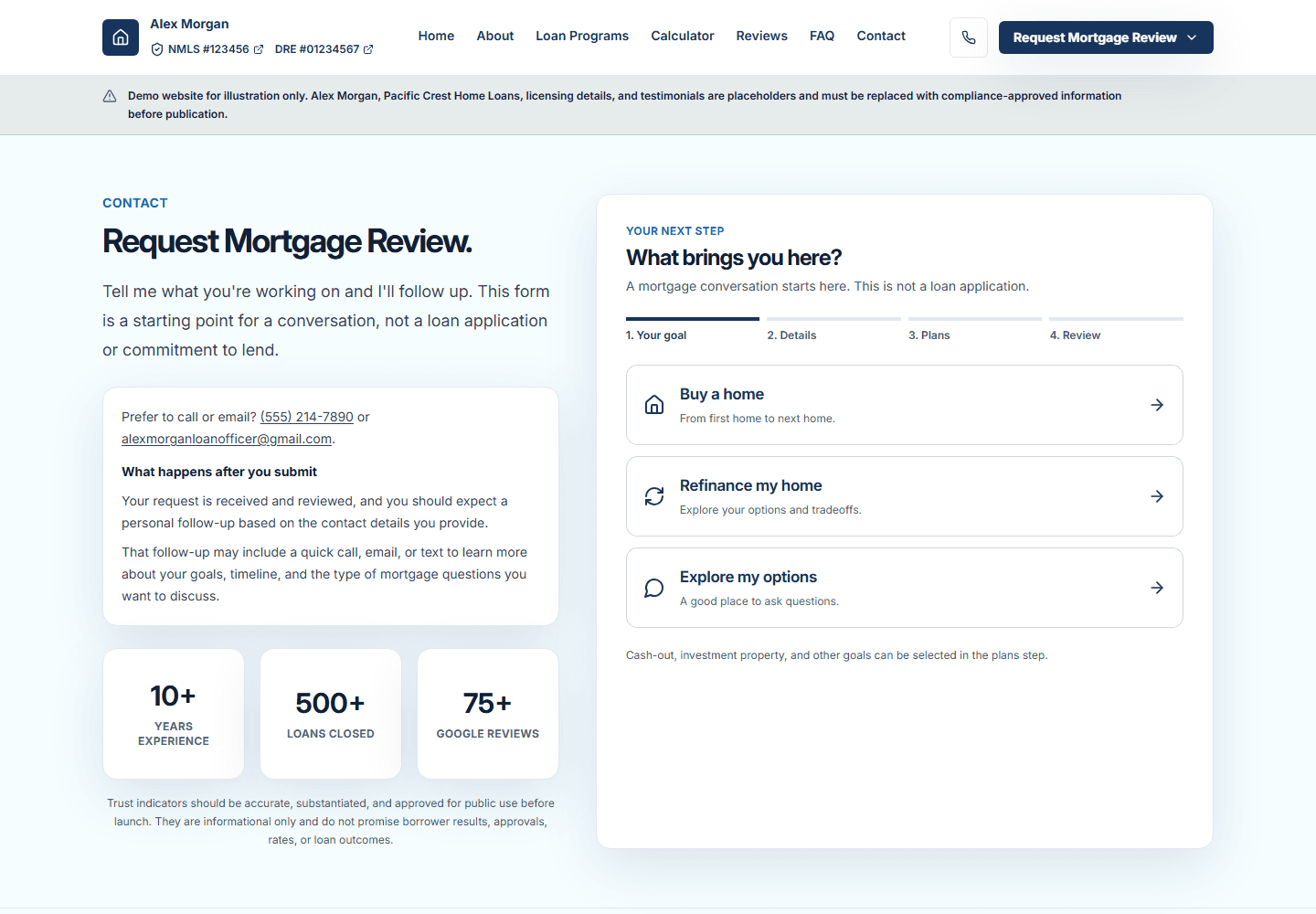 Compliant mortgage lead capture form for loan officer website inquiries